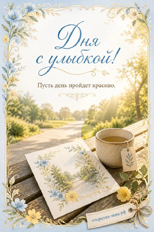 Открытая книга с очками и чашкой кофе рядом с розовым пледом и вазой с сухими цветами — открытка с пожеланием хорошего дня — вариант 7