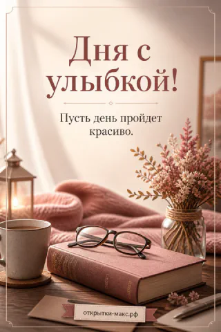 Открытая книга с очками и чашкой кофе рядом с розовым пледом и вазой с сухими цветами — открытка с пожеланием хорошего дня