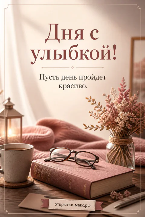 Открытая книга с очками и чашкой кофе рядом с розовым пледом и вазой с сухими цветами — открытка с пожеланием хорошего дня