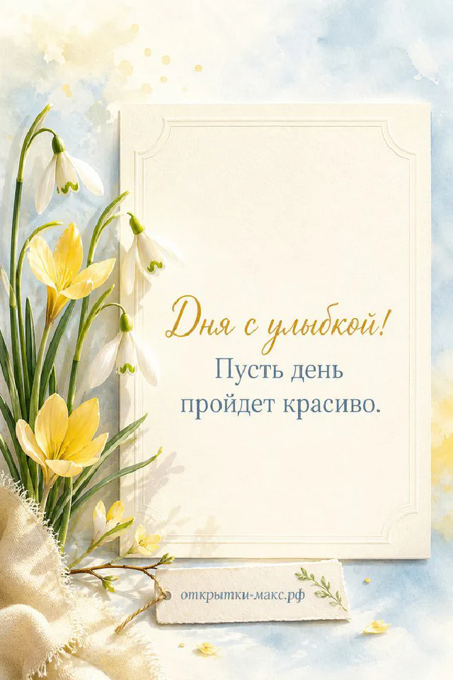Открытая книга с очками и чашкой кофе рядом с розовым пледом и вазой с сухими цветами — открытка с пожеланием хорошего дня — вариант 4