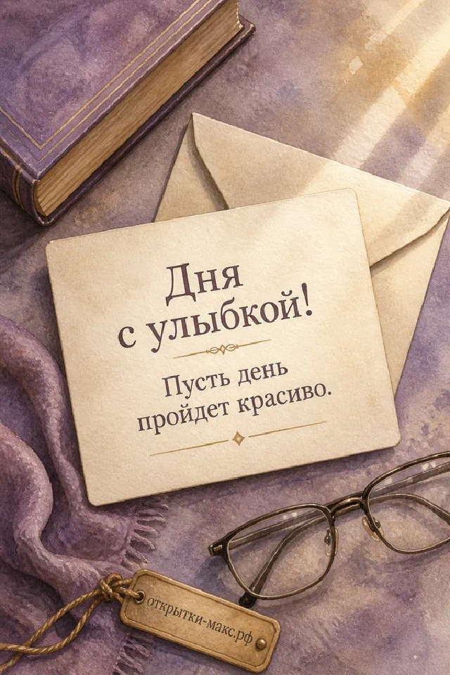 Открытая книга с очками и чашкой кофе рядом с розовым пледом и вазой с сухими цветами — открытка с пожеланием хорошего дня — вариант 6