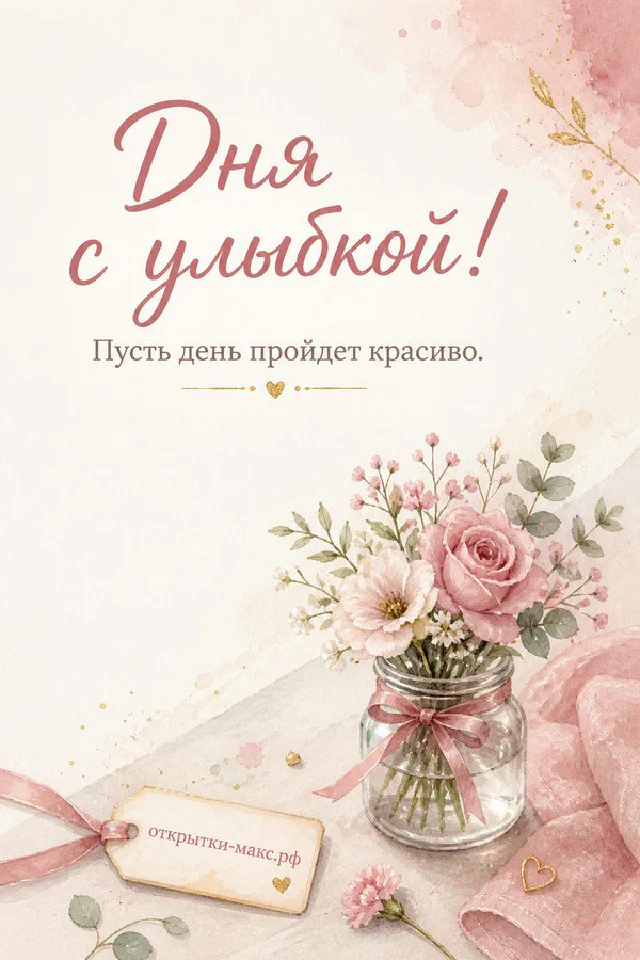 Открытая книга с очками и чашкой кофе рядом с розовым пледом и вазой с сухими цветами — открытка с пожеланием хорошего дня — вариант 8