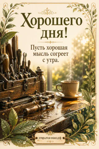 Деревянный ящик со старинными инструментами, кружка кофе и зелень на мокром столе с надписью Хорошего дня
