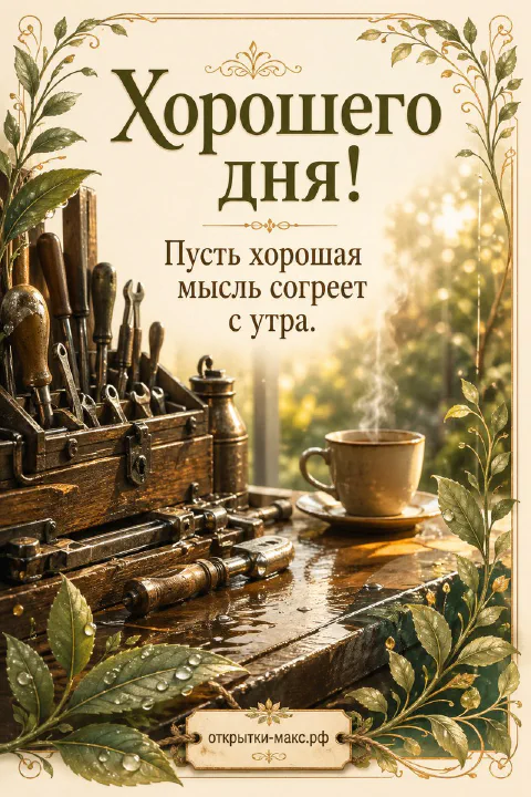 Деревянный ящик со старинными инструментами, кружка кофе и зелень на мокром столе с надписью Хорошего дня