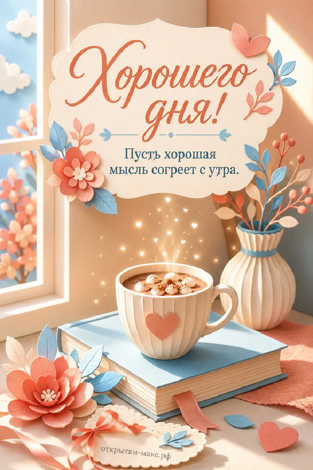 Деревянный ящик со старинными инструментами, кружка кофе и зелень на мокром столе с надписью Хорошего дня — вариант 2
