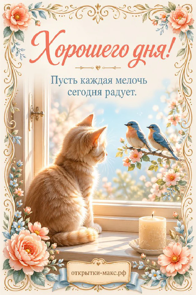 Кружка какао с зефирками, раскрытая книга и лаванда у окна, открытка «Хорошего дня!» — вариант 2