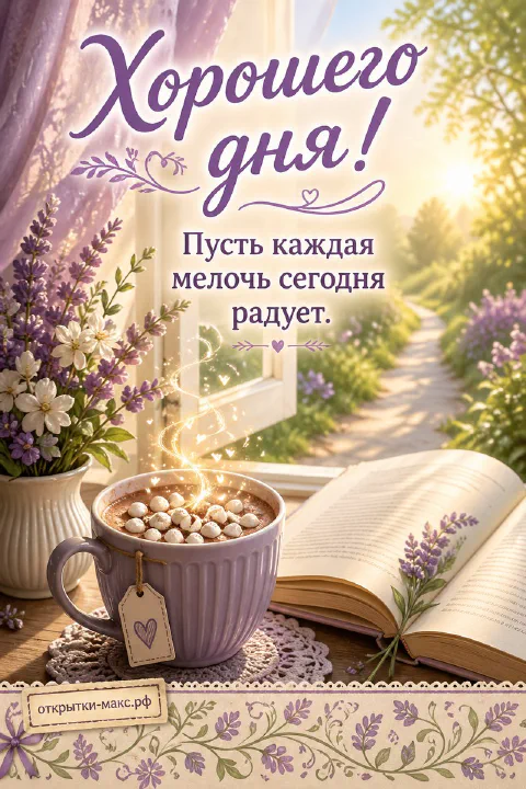 Кружка какао с зефирками, раскрытая книга и лаванда у окна, открытка «Хорошего дня!»