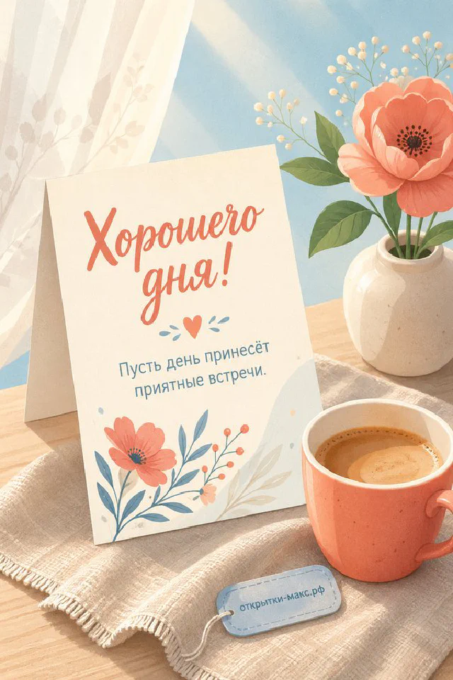 Большая кружка кофе со спящим лицом и шоколадным печеньем в тёплой цветочной рамке с надписью Хорошего дня — вариант 4