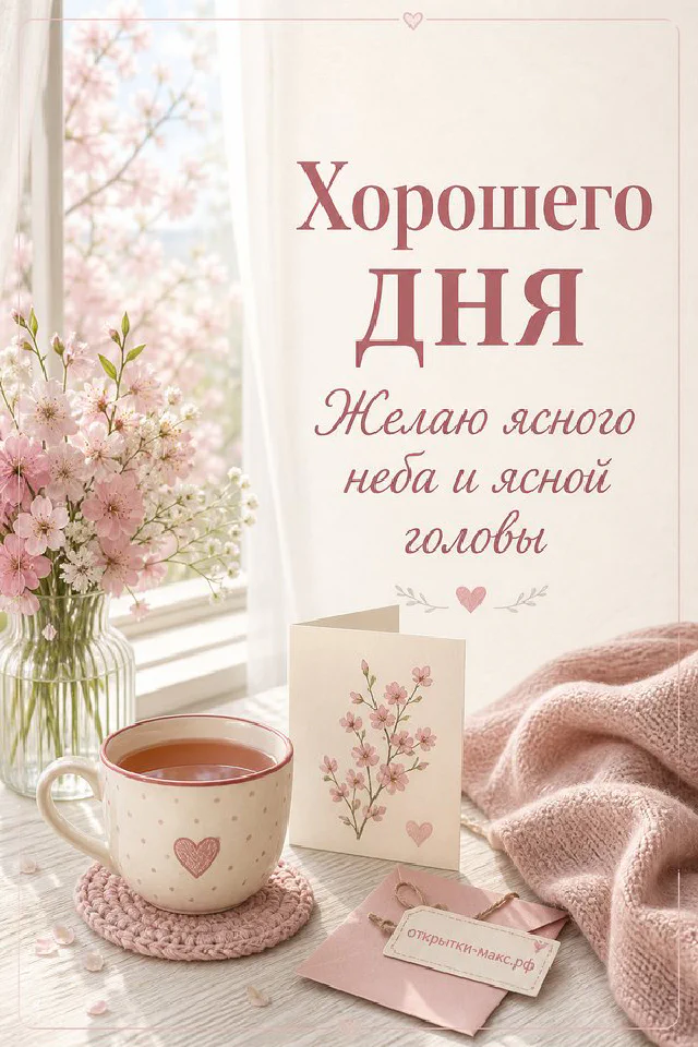 Акварельная открытка хорошего дня с голубым конвертом, чашкой чая и розовыми ветками цветущей яблони — вариант 2