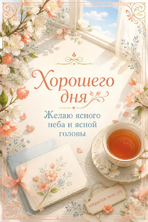Акварельная открытка хорошего дня с голубым конвертом, чашкой чая и розовыми ветками цветущей яблони