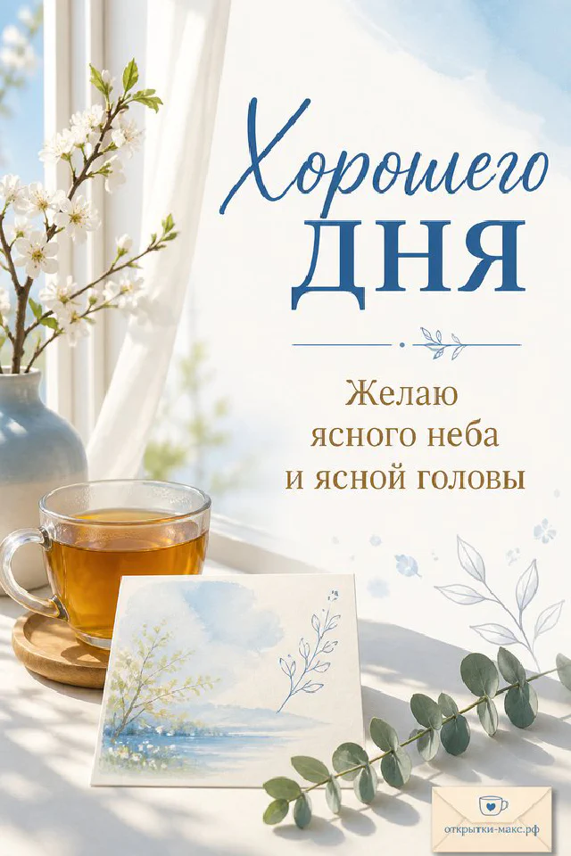 Акварельная открытка хорошего дня с голубым конвертом, чашкой чая и розовыми ветками цветущей яблони — вариант 4