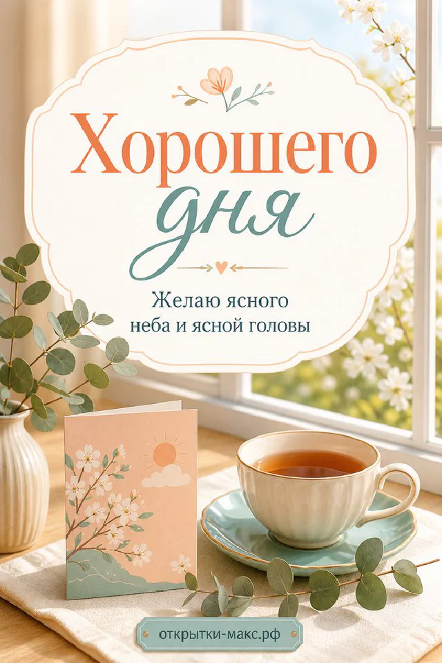 Акварельная открытка хорошего дня с голубым конвертом, чашкой чая и розовыми ветками цветущей яблони — вариант 5