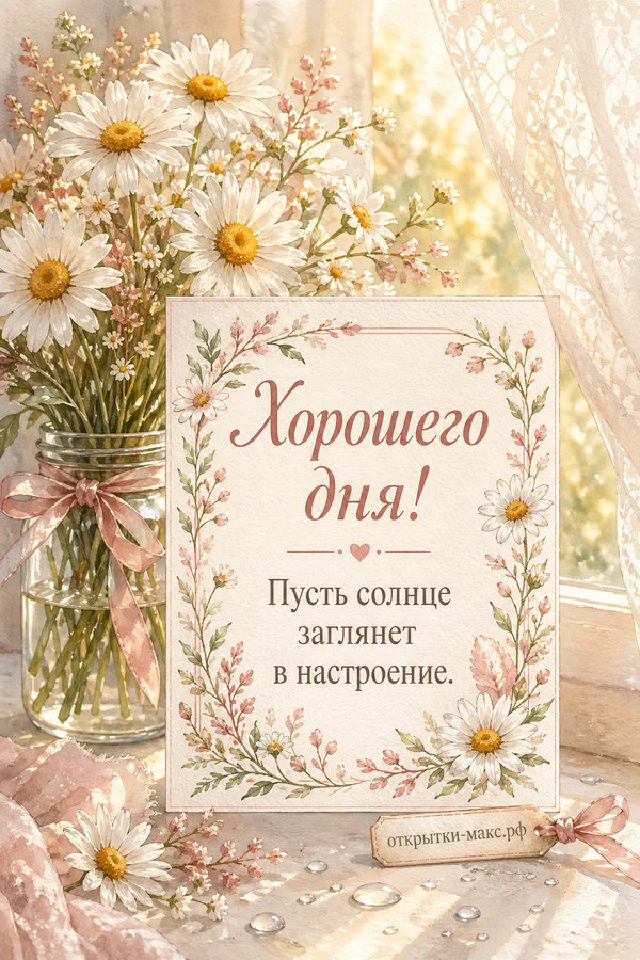 Открытка хорошего дня с рыжим пушистым котом у окна наблюдающим за двумя птицами на зимней ветке — вариант 3