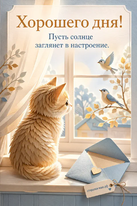 Открытка хорошего дня с рыжим пушистым котом у окна наблюдающим за двумя птицами на зимней ветке