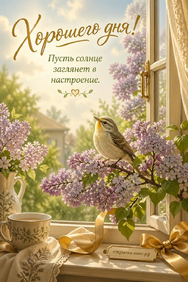 Открытка хорошего дня с рыжим пушистым котом у окна наблюдающим за двумя птицами на зимней ветке — вариант 2