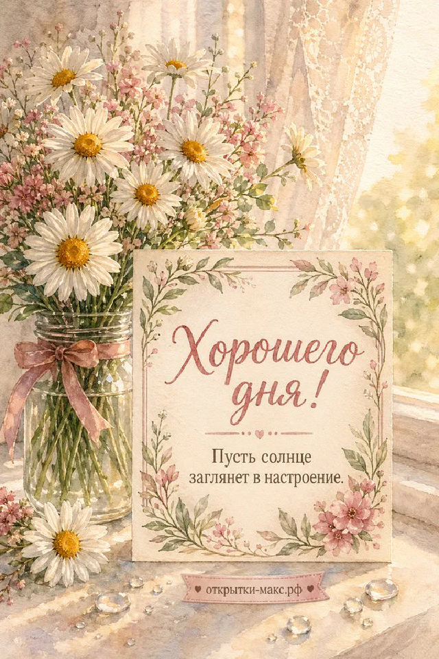 Открытка хорошего дня с рыжим пушистым котом у окна наблюдающим за двумя птицами на зимней ветке — вариант 5