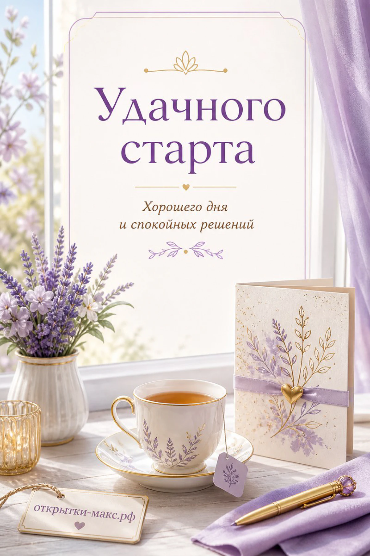 Лавандовый натюрморт с чашкой чая, букетом цветов и карточкой «Удачного старта» на подоконнике