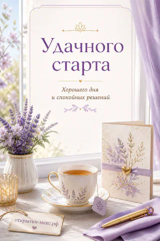 Лавандовый натюрморт с чашкой чая, букетом цветов и карточкой «Удачного старта» на подоконнике