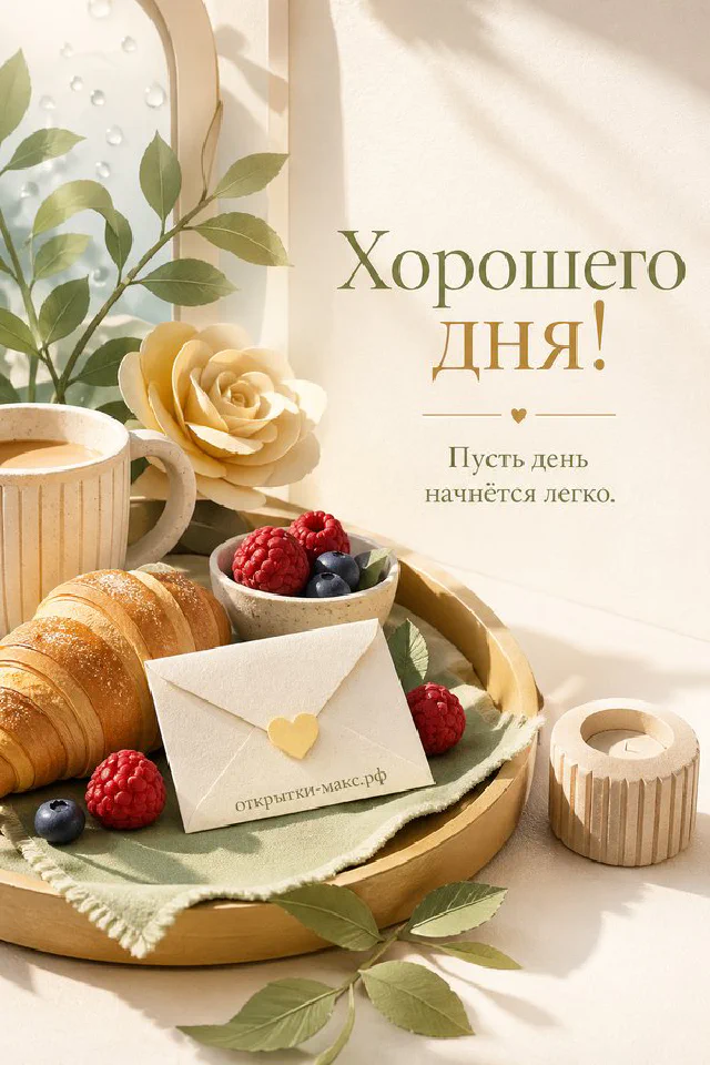Венок из лаванды и белых цветов с золотой лентой на светлом фоне с каллиграфной надписью Хорошего дня — вариант 2