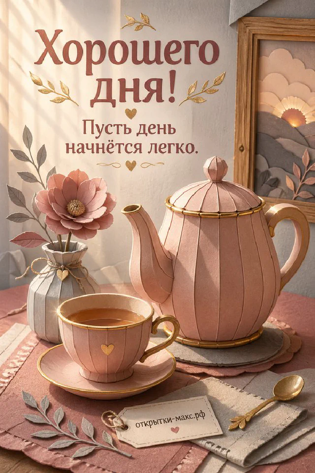 Венок из лаванды и белых цветов с золотой лентой на светлом фоне с каллиграфной надписью Хорошего дня — вариант 4