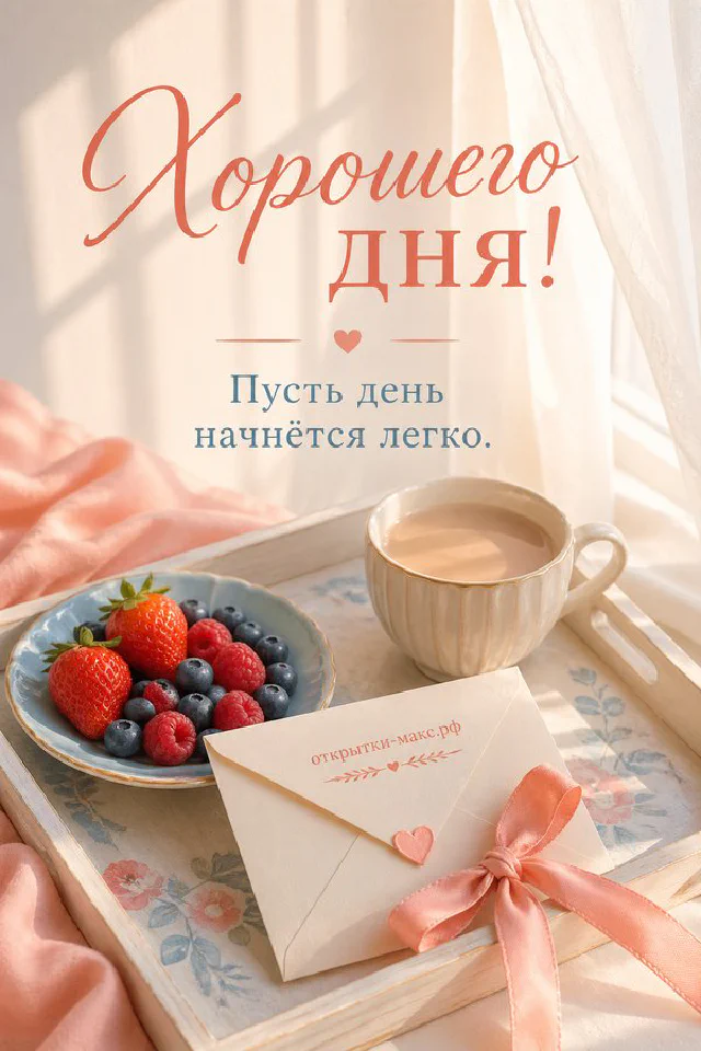 Венок из лаванды и белых цветов с золотой лентой на светлом фоне с каллиграфной надписью Хорошего дня — вариант 5