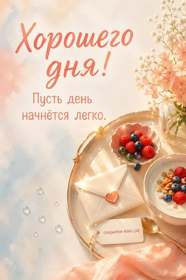 Венок из лаванды и белых цветов с золотой лентой на светлом фоне с каллиграфной надписью Хорошего дня — вариант 8