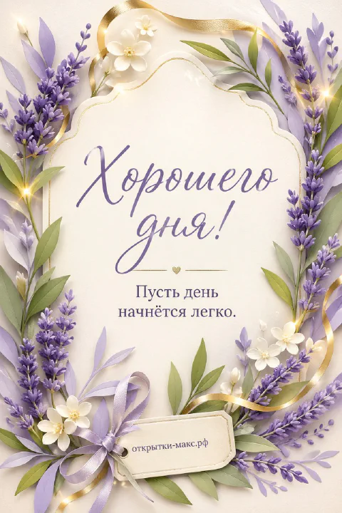 Венок из лаванды и белых цветов с золотой лентой на светлом фоне с каллиграфной надписью Хорошего дня
