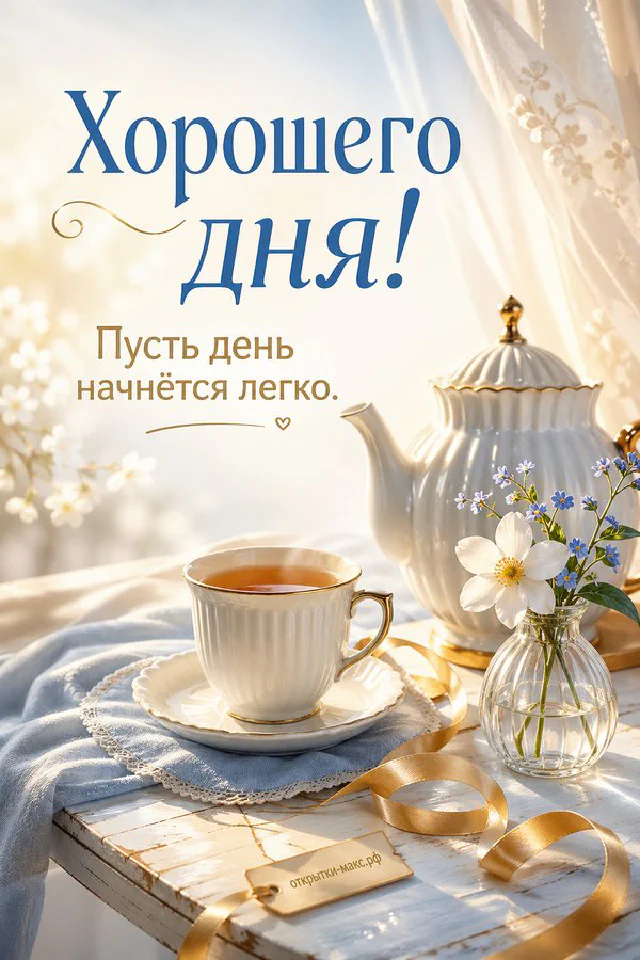 Венок из лаванды и белых цветов с золотой лентой на светлом фоне с каллиграфной надписью Хорошего дня — вариант 3