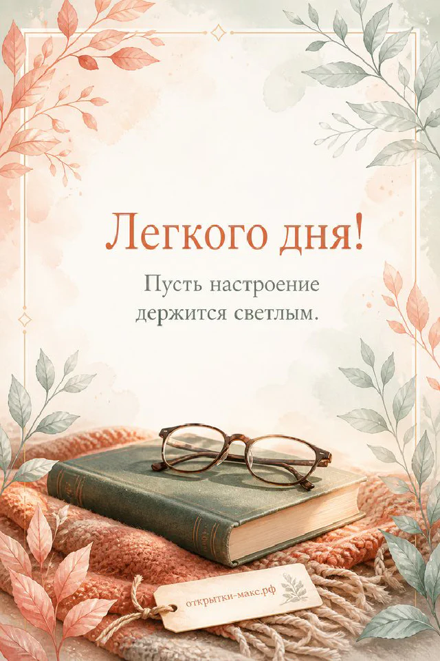Фарфоровая чашка с чаем на блюдце с золотой ложкой рядом с лавандой и лиловой лентой — открытка с пожеланием лёгкого дня — вариант 2