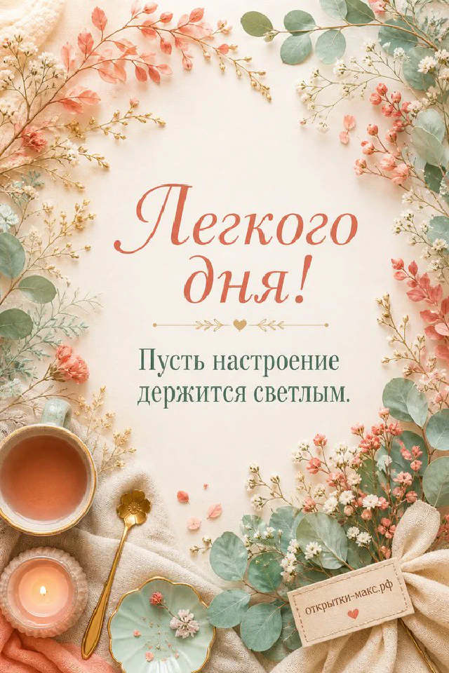 Фарфоровая чашка с чаем на блюдце с золотой ложкой рядом с лавандой и лиловой лентой — открытка с пожеланием лёгкого дня — вариант 4