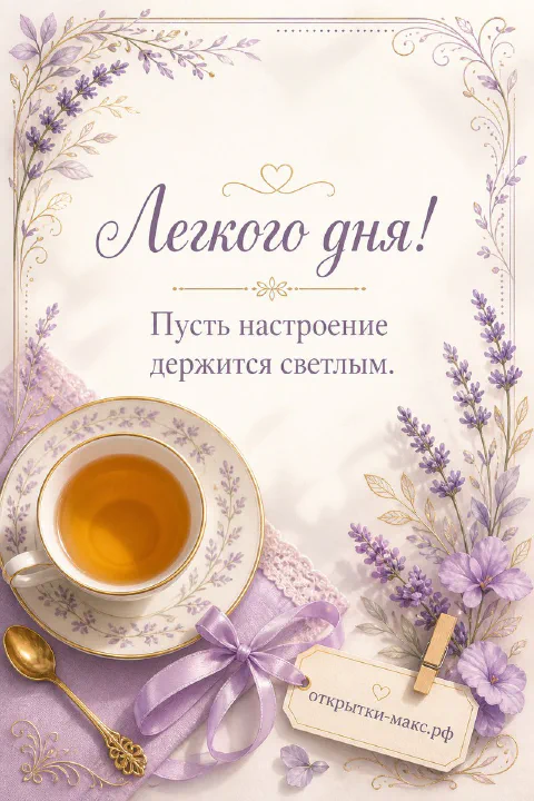 Фарфоровая чашка с чаем на блюдце с золотой ложкой рядом с лавандой и лиловой лентой — открытка с пожеланием лёгкого дня