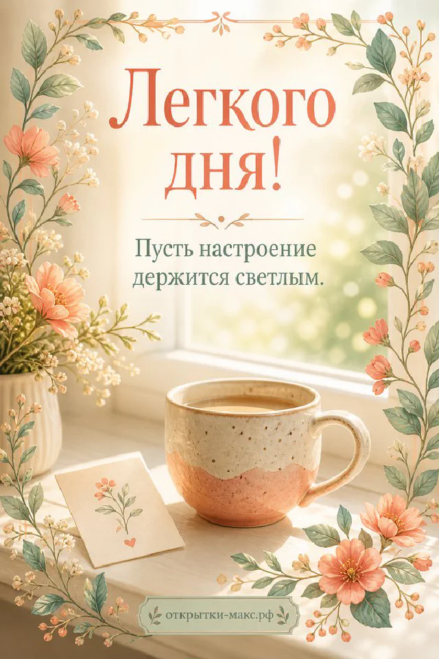Фарфоровая чашка с чаем на блюдце с золотой ложкой рядом с лавандой и лиловой лентой — открытка с пожеланием лёгкого дня — вариант 3