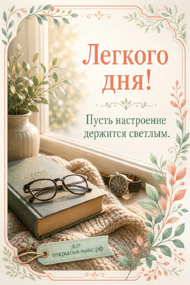 Фарфоровая чашка с чаем на блюдце с золотой ложкой рядом с лавандой и лиловой лентой — открытка с пожеланием лёгкого дня — вариант 5