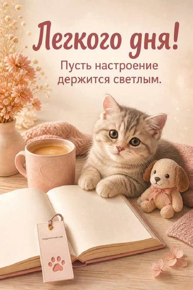Фарфоровая чашка с чаем на блюдце с золотой ложкой рядом с лавандой и лиловой лентой — открытка с пожеланием лёгкого дня — вариант 6