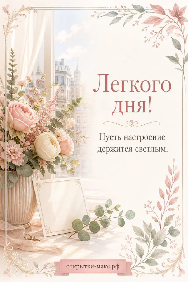 Фарфоровая чашка с чаем на блюдце с золотой ложкой рядом с лавандой и лиловой лентой — открытка с пожеланием лёгкого дня — вариант 7