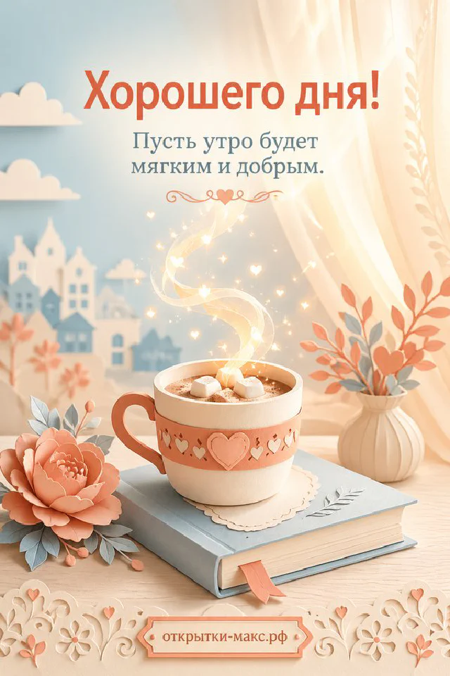 Открытка хорошего дня с персиковыми лютиками и голубой атласной лентой — вариант 3