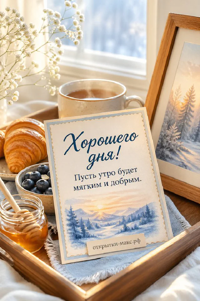 Открытка хорошего дня с персиковыми лютиками и голубой атласной лентой — вариант 6