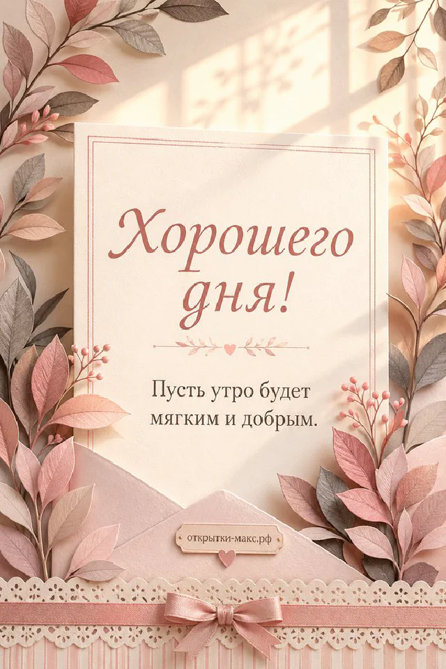 Открытка хорошего дня с персиковыми лютиками и голубой атласной лентой — вариант 7