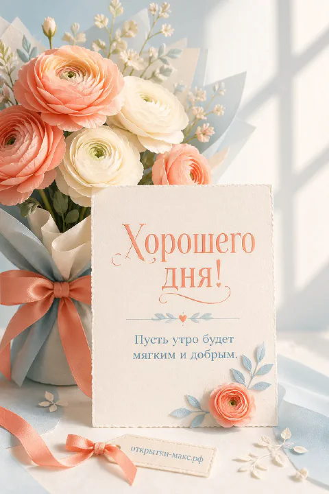 Открытка хорошего дня с персиковыми лютиками и голубой атласной лентой
