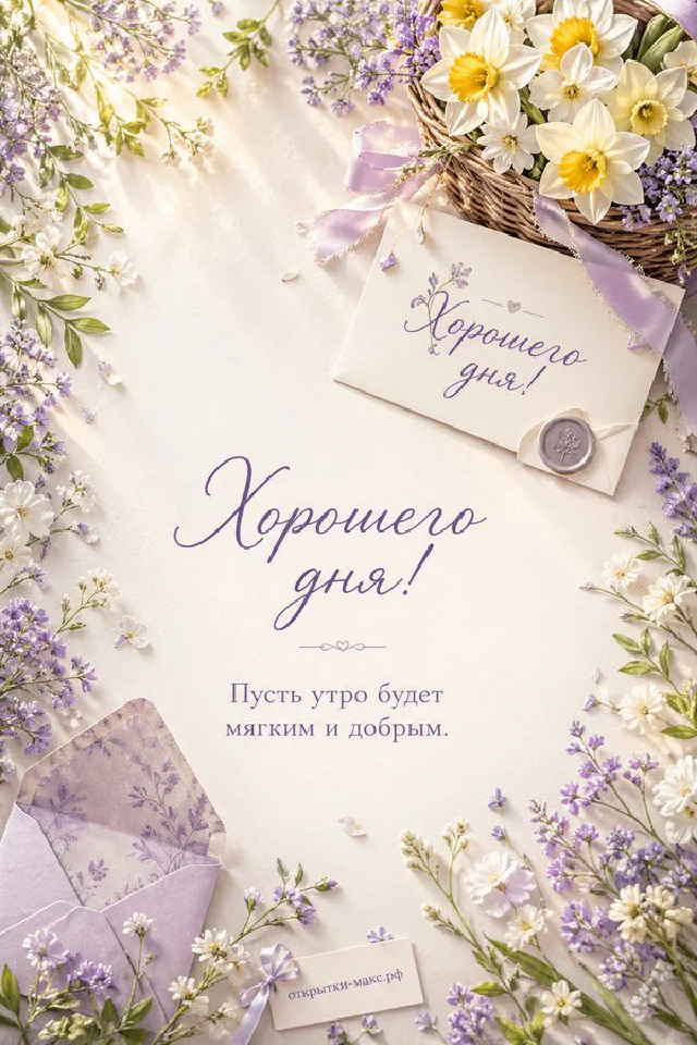 Открытка хорошего дня с персиковыми лютиками и голубой атласной лентой — вариант 2