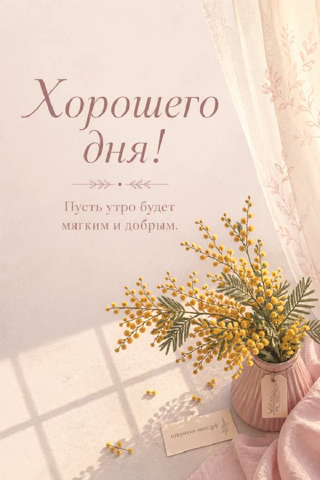 Открытка хорошего дня с персиковыми лютиками и голубой атласной лентой — вариант 4