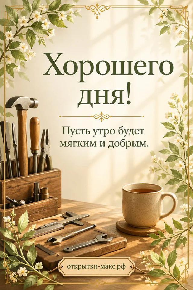 Открытка хорошего дня с персиковыми лютиками и голубой атласной лентой — вариант 5