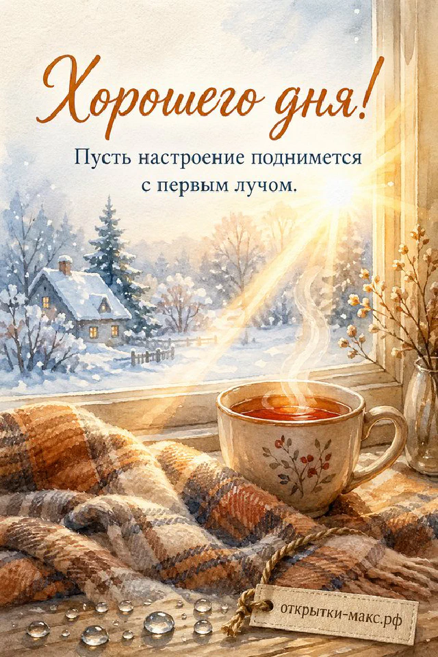 Нарциссы в плетёной корзине с розовой лентой и конверты, открытка «Хорошего дня!» — вариант 2