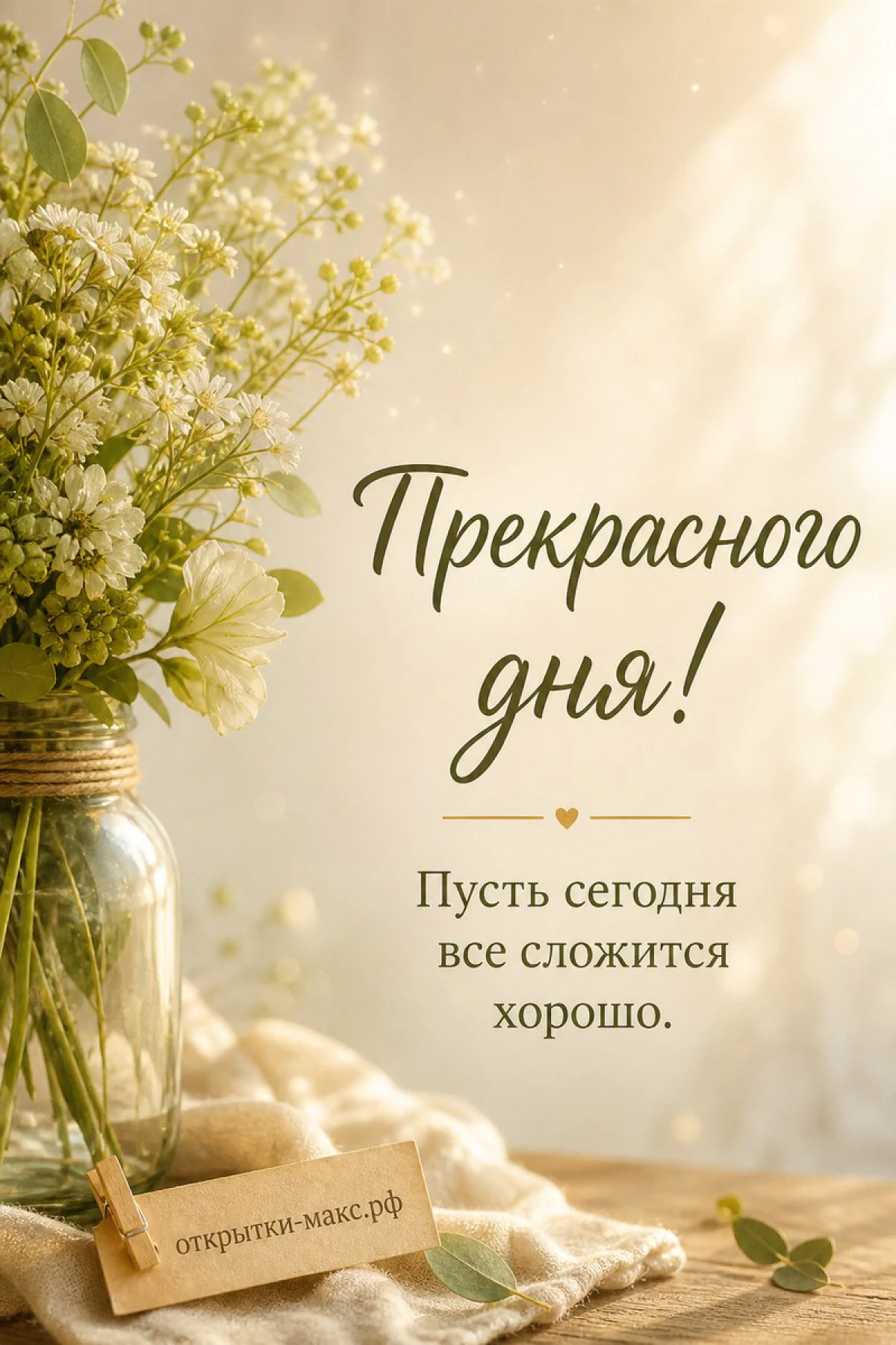 Букет белых полевых цветов с зеленью в стеклянной банке на деревянном столе с мешковиной, солнечный свет на заднем плане