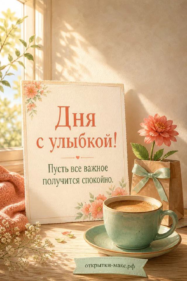 Букет ромашек, блюдце и зелёная салфетка на столе у окна с видом на солнечное поле, надпись «Дня с улыбкой» — вариант 2