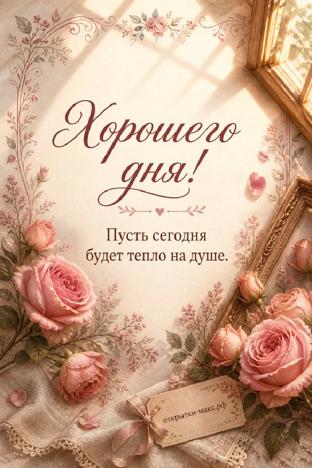 Акварельная открытка с персиковой розой на книге, горящей свечой и подушкой в кружевном интерьере, надпись «Хорошего дня» — вариант 5