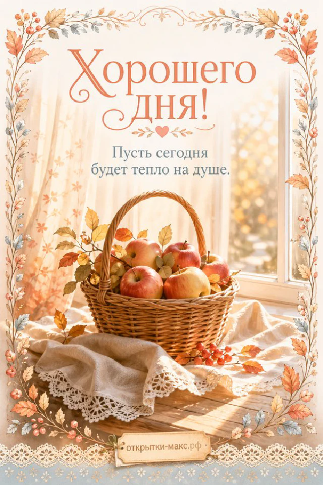 Акварельная открытка с персиковой розой на книге, горящей свечой и подушкой в кружевном интерьере, надпись «Хорошего дня» — вариант 6