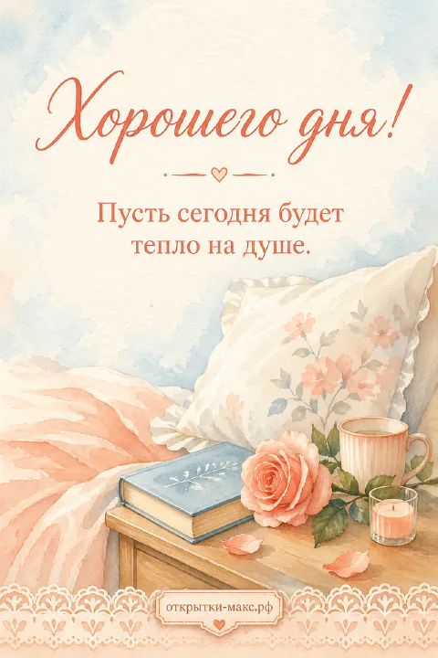 Акварельная открытка с персиковой розой на книге, горящей свечой и подушкой в кружевном интерьере, надпись «Хорошего дня»