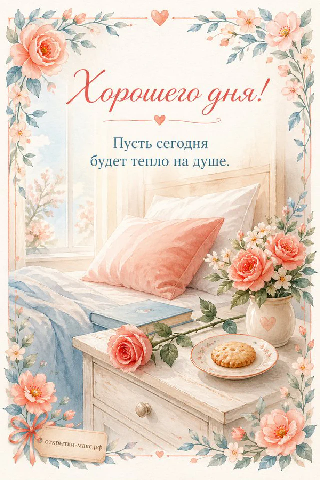 Акварельная открытка с персиковой розой на книге, горящей свечой и подушкой в кружевном интерьере, надпись «Хорошего дня» — вариант 2