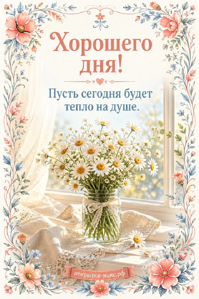 Акварельная открытка с персиковой розой на книге, горящей свечой и подушкой в кружевном интерьере, надпись «Хорошего дня» — вариант 3